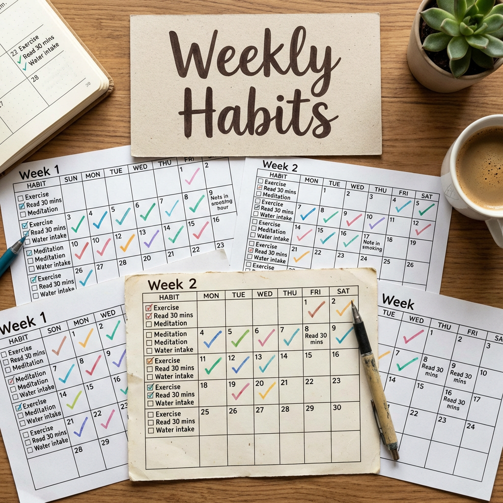 Weekly habit tracker sheets titled Weekly Habits with logs for exercise, reading, and meditation.