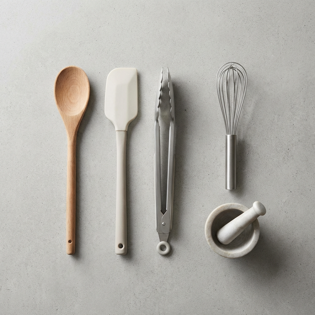Wooden spoon, spatula, tongs, whisk, and marble mortar and pestle on grey stone.